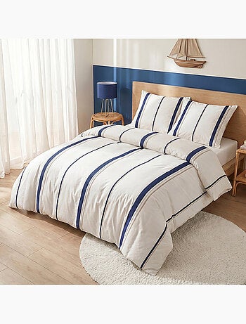 Parure housse de couette en coton imprimée rayures bleu - LORD