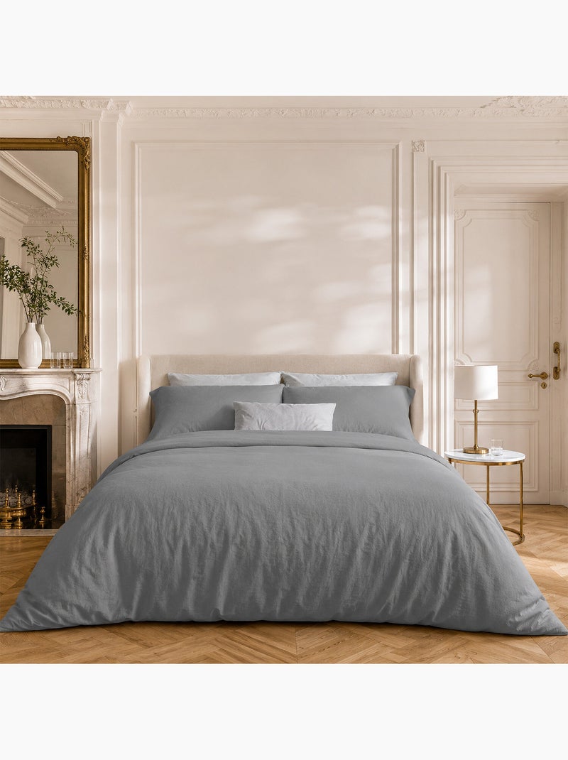 Parure housse de couette en coton lavé unie - Drift Gris - Kiabi