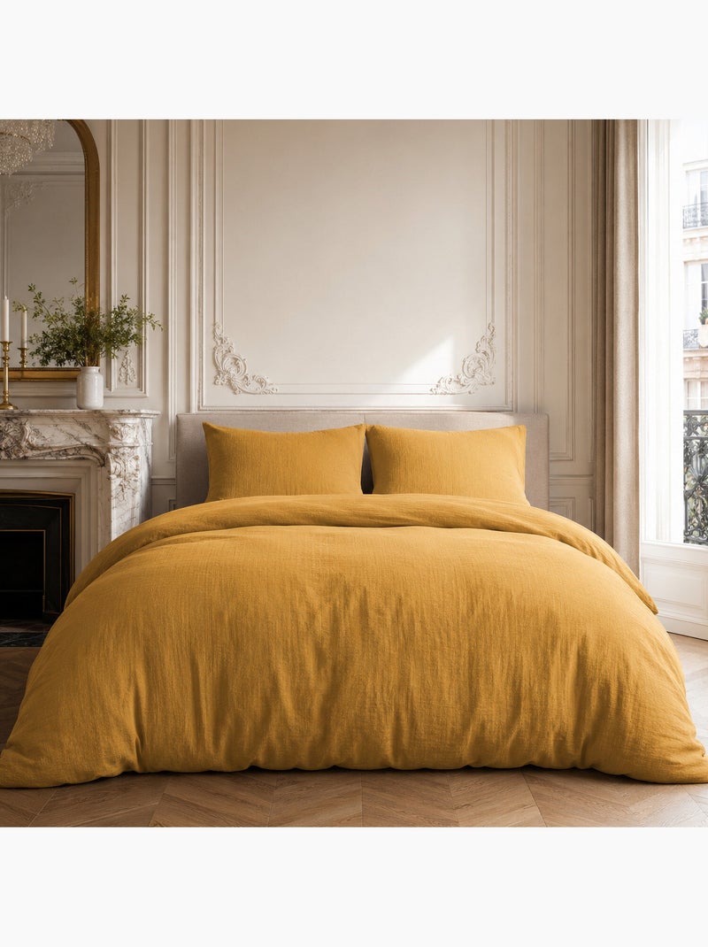 Parure housse de couette en gaze de coton unie, relax Ocre - Kiabi