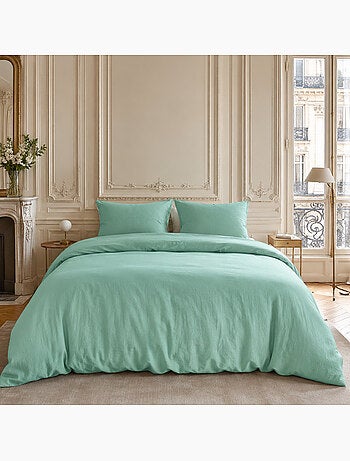 Parure housse de couette en lin et coton unie, haven