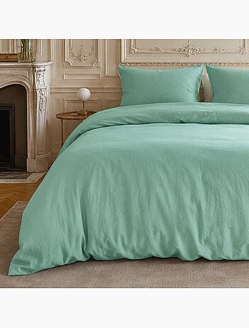 Parure housse de couette en lin et coton unie, haven