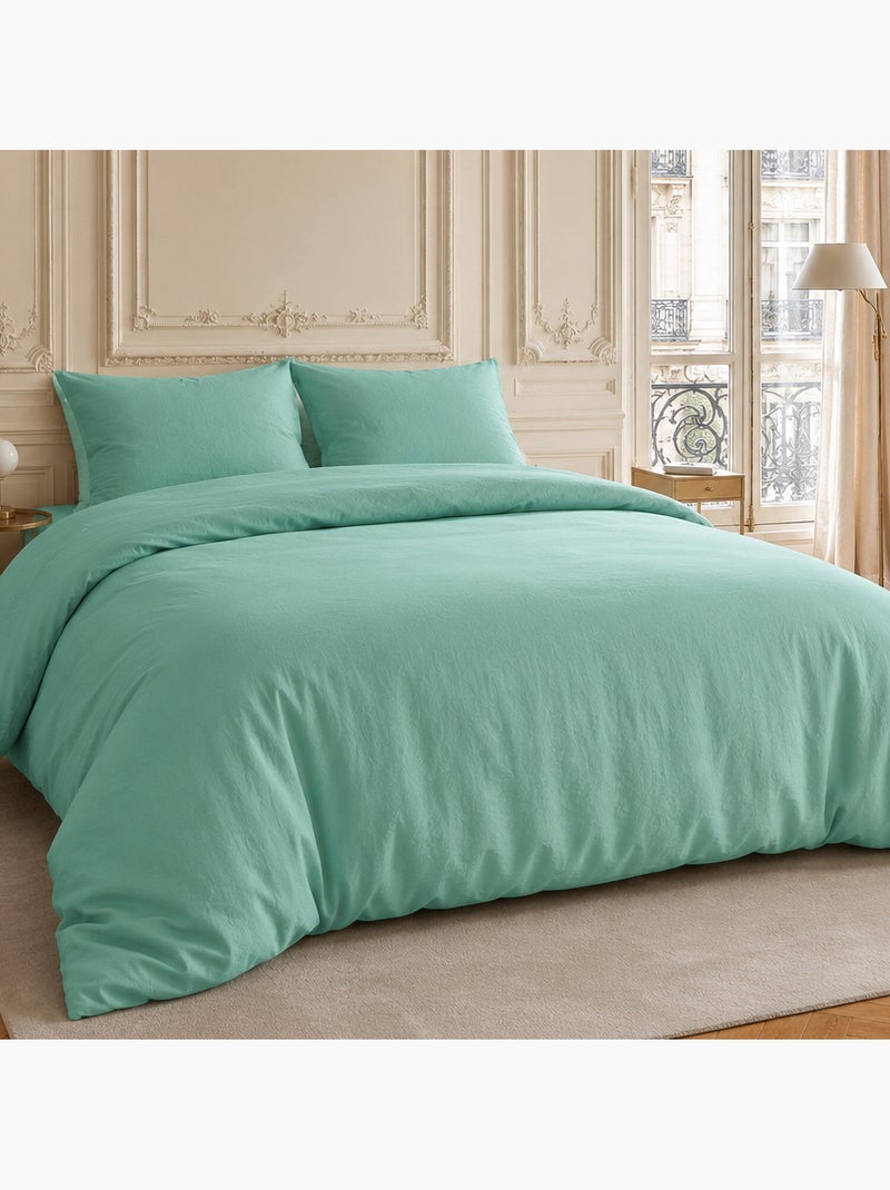 Parure housse de couette en lin et coton unie, haven Bleu aqua - Kiabi