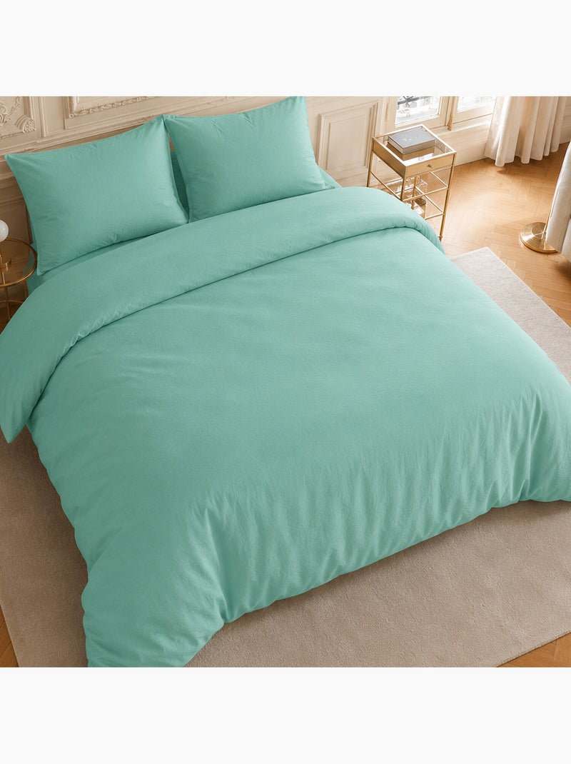 Parure housse de couette en lin et coton unie, haven Bleu aqua - Kiabi