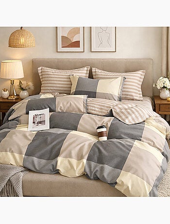Parure housse de couette en percale de coton 240x220 cm imprimé carreaux - Cytine