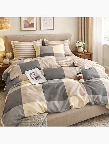 Parure housse de couette en percale de coton 240x220 cm imprimé carreaux - Cytine