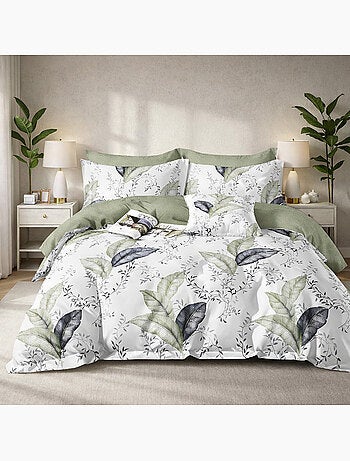 Parure housse de couette en percale de coton 240x220 cm imprimé feuillage - Sylmée