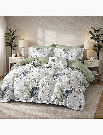 Parure housse de couette en percale de coton 240x220 cm imprimé feuillage - Sylmée