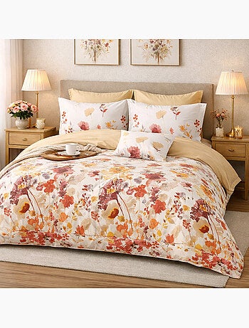 Parure housse de couette en percale de coton 240x220 cm imprimé floral aquarelle - Héliane