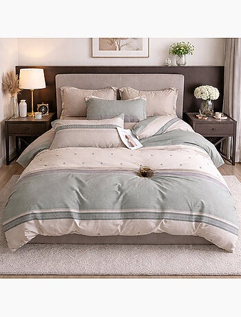 Parure housse de couette en percale de coton 240x220 cm imprimé rayures - Inthé