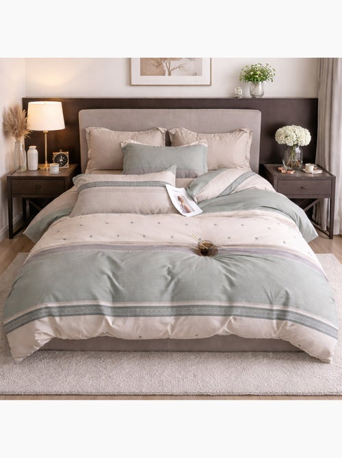Parure housse de couette en percale de coton 240x220 cm imprimé rayures - Inthé - Kiabi