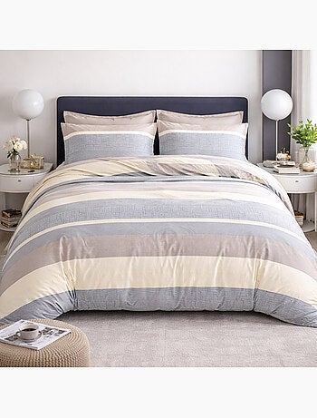 Parure housse de couette en percale de coton 240x220 cm imprimé rayures - Orly
