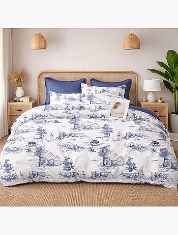 Parure housse de couette en percale de coton 240x220 cm imprimé toile de jouy - Elyne