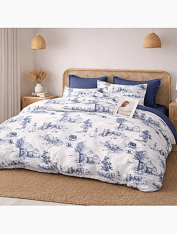 Parure housse de couette en percale de coton 240x220 cm imprimé toile de jouy - Elyne