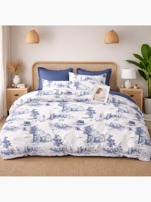 Parure housse de couette en percale de coton 240x220 cm imprimé toile de jouy - Elyne - Kiabi