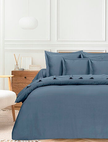 Parure housse de couette en satin de coton bleu