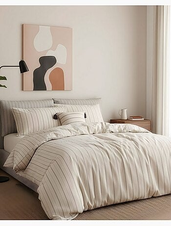 Parure housse de couette et taie(s) d'oreiller coton lavé tisse-teint