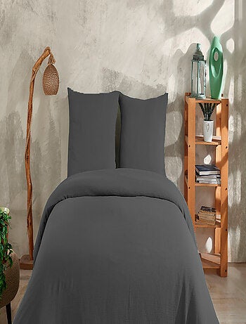 Parure housse de couette et taies d'oreiller gaze de coton anthracite