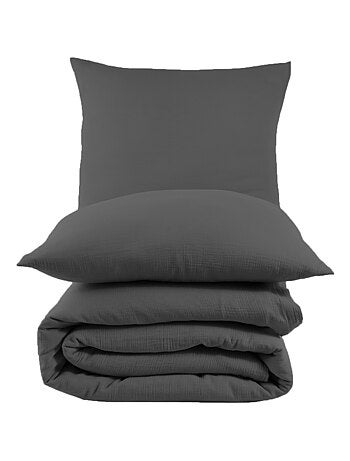 Parure housse de couette et taies d'oreiller gaze de coton anthracite