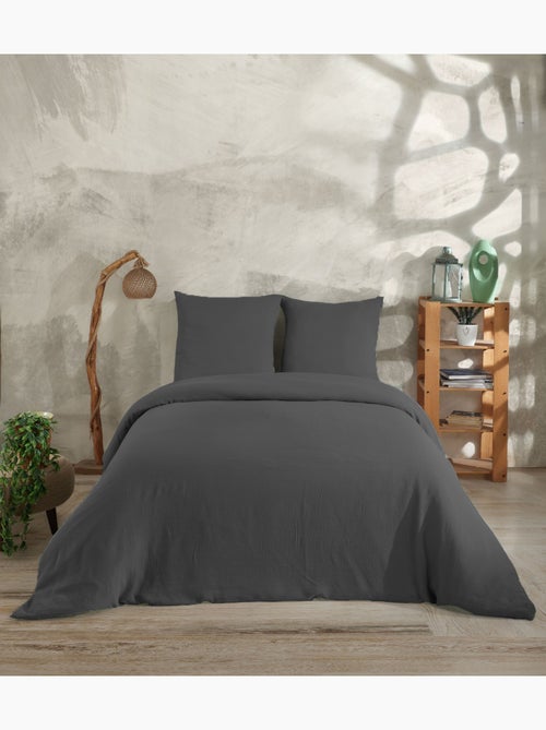 Parure housse de couette et taies d'oreiller gaze de coton anthracite - Kiabi Parure housse de couette et taies d'oreiller gaze de coton anthracite - Kiabi