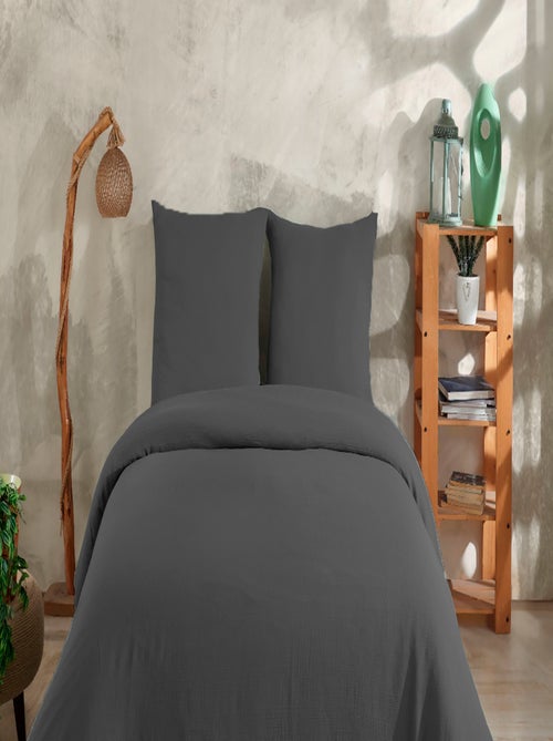 Parure housse de couette et taies d'oreiller gaze de coton anthracite - Kiabi Parure housse de couette et taies d'oreiller gaze de coton anthracite - Kiabi