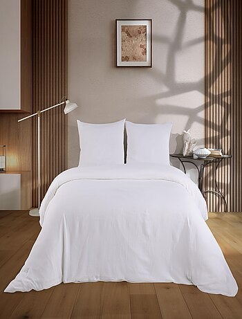 Parure housse de couette et taies d'oreiller gaze de coton blanc