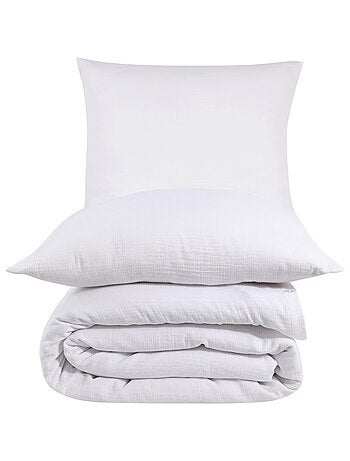 Parure housse de couette et taies d'oreiller gaze de coton blanc