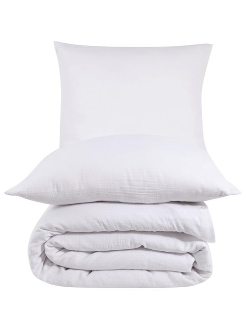 Parure housse de couette et taies d'oreiller gaze de coton blanc - Kiabi Parure housse de couette et taies d'oreiller gaze de coton blanc - Kiabi