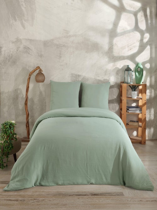 Parure housse de couette et taies d'oreiller gaze de coton céladon - Kiabi