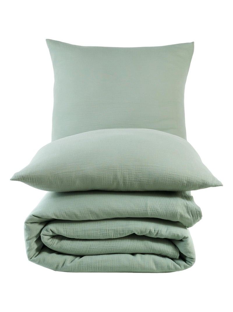 Parure housse de couette et taies d'oreiller gaze de coton céladon Vert d'eau - Kiabi