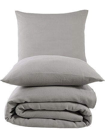 Parure housse de couette et taies d'oreiller gaze de coton gris
