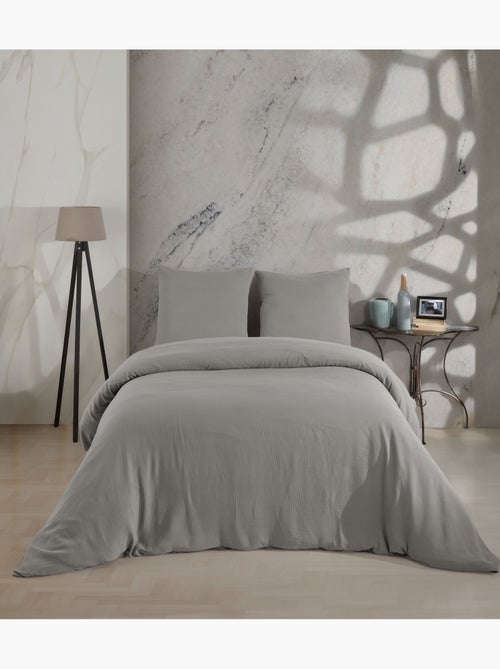 Parure housse de couette et taies d'oreiller gaze de coton gris - Kiabi Parure housse de couette et taies d'oreiller gaze de coton gris - Kiabi