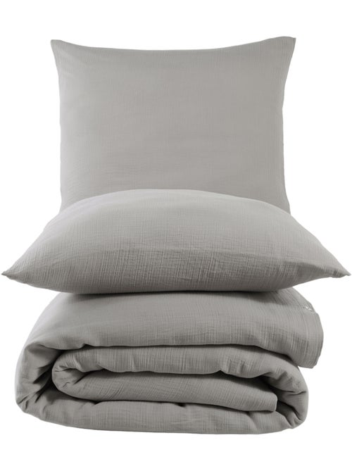 Parure housse de couette et taies d'oreiller gaze de coton gris - Kiabi Parure housse de couette et taies d'oreiller gaze de coton gris - Kiabi
