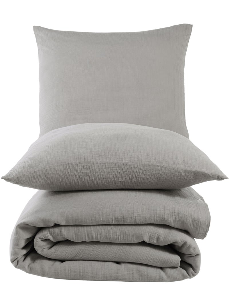 Parure housse de couette et taies d'oreiller gaze de coton gris Gris clair - Kiabi