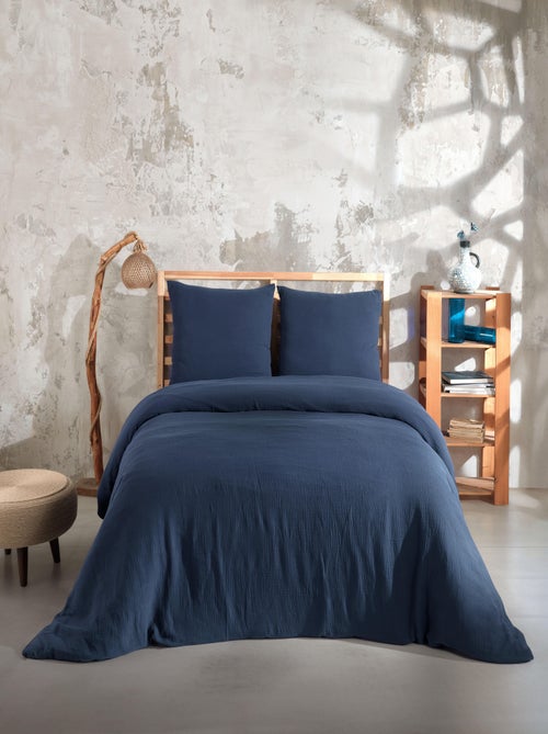 Parure housse de couette et taies d'oreiller gaze de coton marine - Kiabi