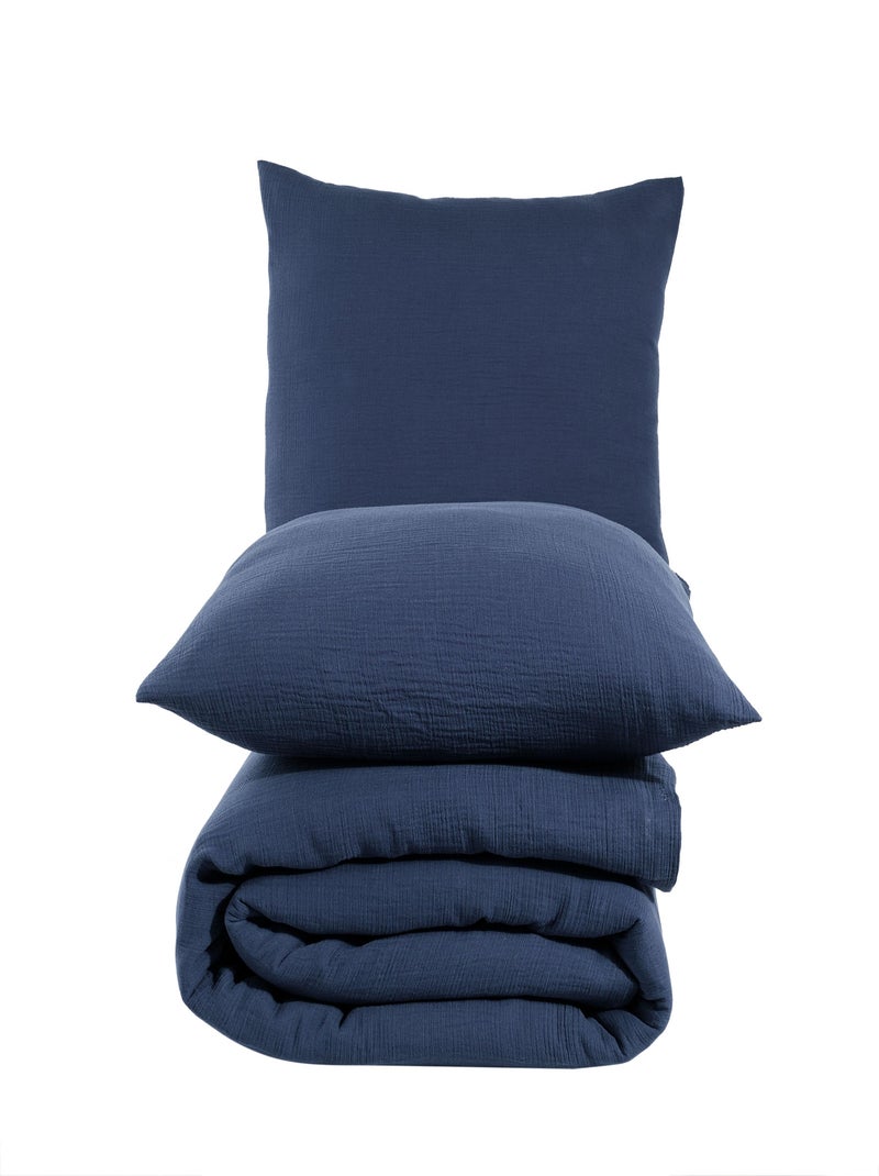 Parure housse de couette et taies d'oreiller gaze de coton marine Bleu marine - Kiabi
