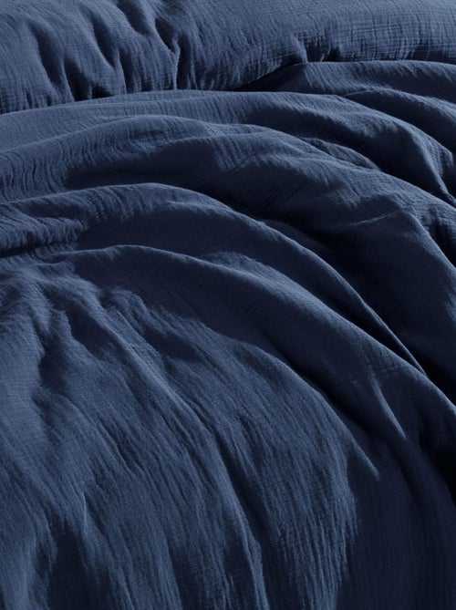 Parure housse de couette et taies d'oreiller gaze de coton marine - Kiabi
