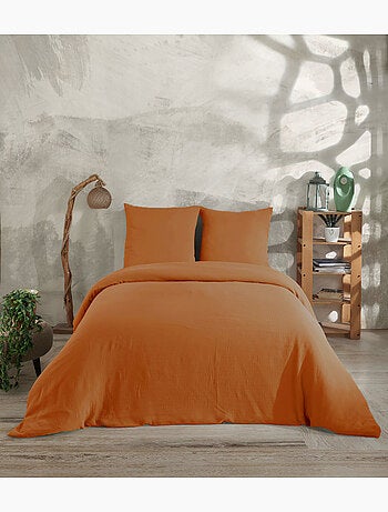 Parure housse de couette et taies d'oreiller gaze de coton ocre