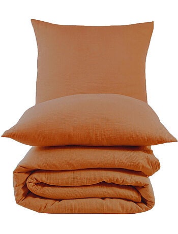 Parure housse de couette et taies d'oreiller gaze de coton ocre