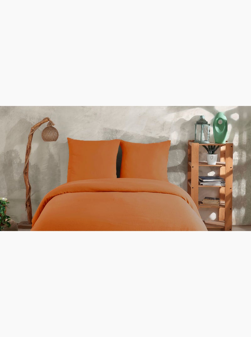 Parure housse de couette et taies d'oreiller gaze de coton ocre Ocre - Kiabi