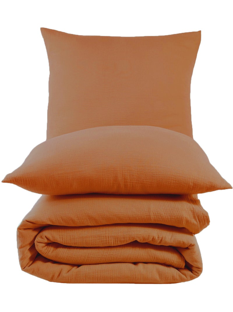 Parure housse de couette et taies d'oreiller gaze de coton ocre Ocre - Kiabi