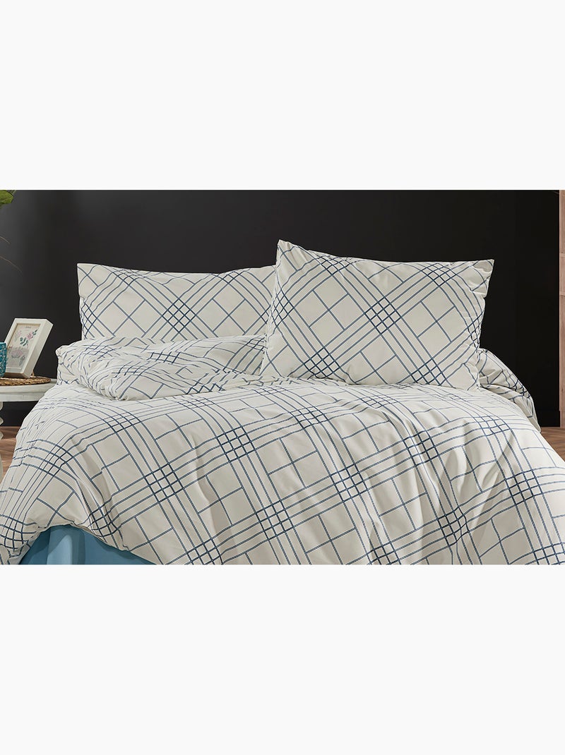 Parure housse de couette et taie(s) oreiller 100% Coton Bleu Ecru - Kiabi