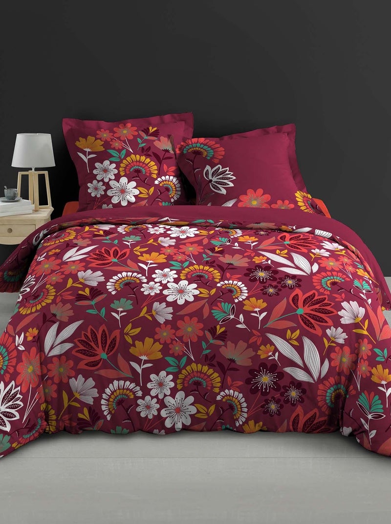 Parure Housse de couette Percale Farandole de fleurs Rouge - Kiabi