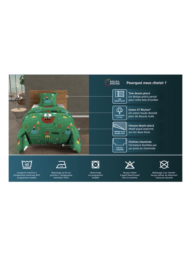 Parure housse de couette PIRATES, 100% coton 57 fils/cm2, par Soleil d'Ocre avec 1 taie d'oreiller Bleu - Kiabi