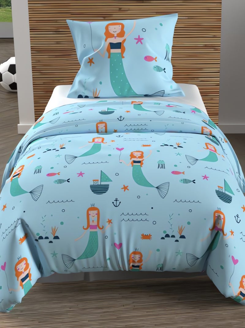 Parure housse de couette SIRENES, 100% coton 57 fils/cm2, par Soleil d'Ocre avec 1 taie d'oreiller Bleu - Kiabi