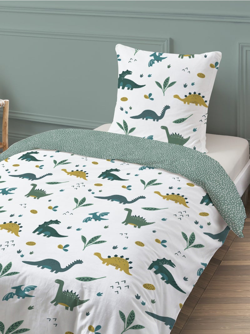 Parure housse de couette + taie d'oreiller 'Dinosaures' Blanc/Vert - Kiabi
