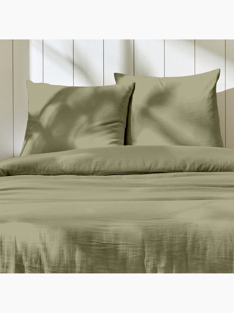 Parure housse de couette + taie(s) gaze coton ozen Vert de gris - Kiabi