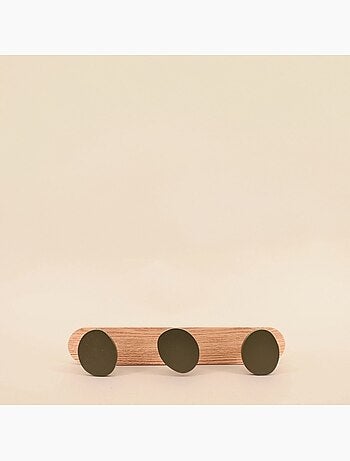 Patère 3 têtes en métal kaki et bois 35x7cm