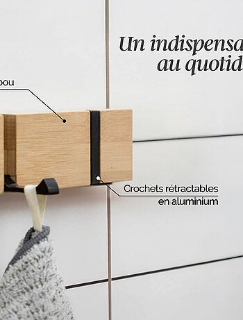 Patère, porte manteau mural rétractable - Bois - 2 crochets - Vivezen