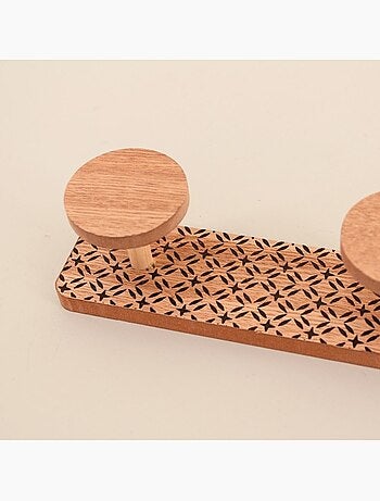 Patère ton bois motifs noirs 3 têtes 35x6cm