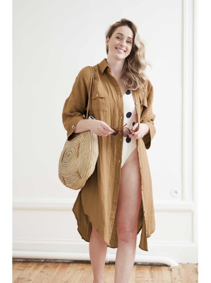 Peignoir - L'effet papillon - 100% gaze de coton 125 gr/m² Camel - Kiabi